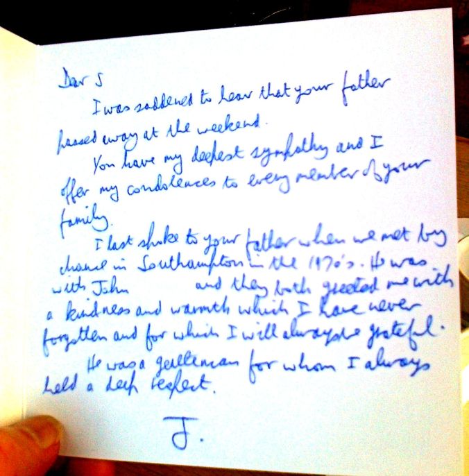 Last year, I saw in the newspaper that my girlfriend’s father had sadly passed away. I sent her this note (full names removed) after not having contact with her for over forty years. https://witness.theguardian.com/assignment/55956091e4b03edf9cb7c16c/1605481